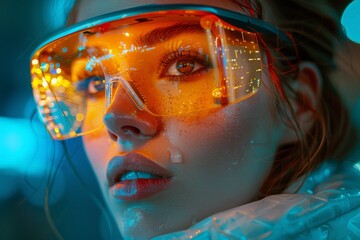 A detailed close-up captures the essence of vibrant DJ headphones illuminated by captivating neon light, highlighting the music equipment's details