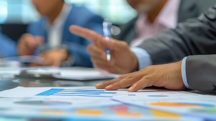 Closeup businessman hand pointing at company document at meeting room. Generated AI image