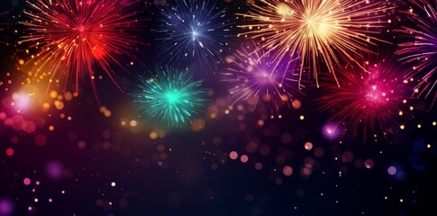 Obraz premium Magnificent display of colorful fireworks bursts in the night sky, with vivid red, blue, and yellow colors against a dark background, accompanied by bokeh light effects