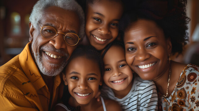 Happy multigenerational family outdoors at sunset. Portrait of smiling grandfather with grandchildren in natural light. Family bonding and joy concept. Design for greeting cards, posters