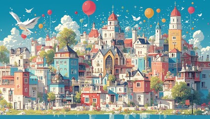 A whimsical cityscape with pastel-colored buildings, tall trees adorned with colorful balloons