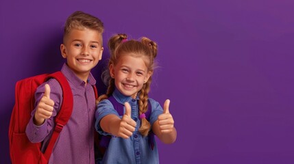 A picture showing school children who are best friends giving a thumbs up gesture to promote academic courses set against a purple background