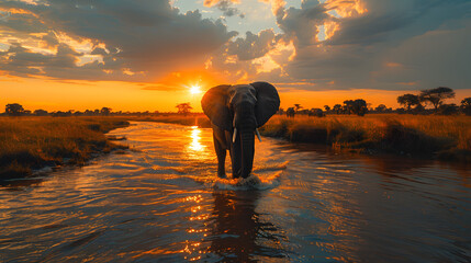 Elephant crossing river at sunset. Dramatic landscape with natural light and vibrant colors. African wildlife and nature concept. Design for posters, banners, and educational materials