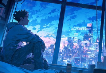 A young man sits on the edge of his bed, gazing out at an urban skyline through neonlit windows.