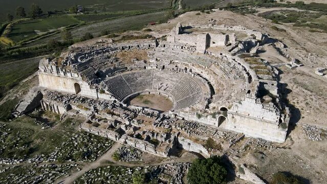 Footage of historical ruins, columns, ancient theater and temples in the ancient city of Miletus.