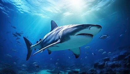 Naklejka premium The great White Shark in the ocean, portrait of White shark hunting prey in the underwater