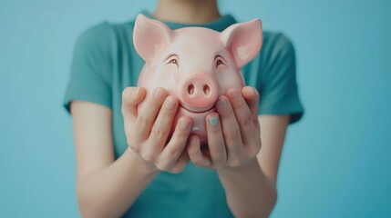Saving money of women hands hold a piggy bank on blue background. Generated AI image