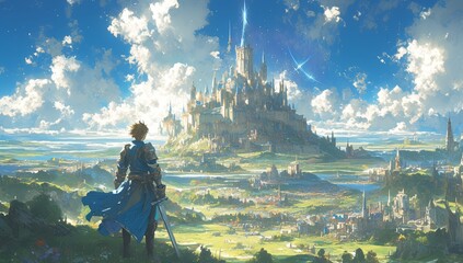 An epic fantasy world is depicted with an enormous castle in the distance. The hero is standing on grassy plains looking at the castle. 