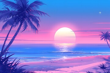 Illustration of palm trees and ocean at neon sunset. Digital artwork for design and print. Tropical and retro concept.