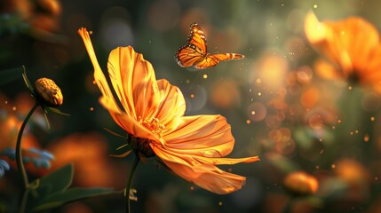 A photorealistic rendering of an exquisite orange flower with golden yellow petals. - Powered by Adobe