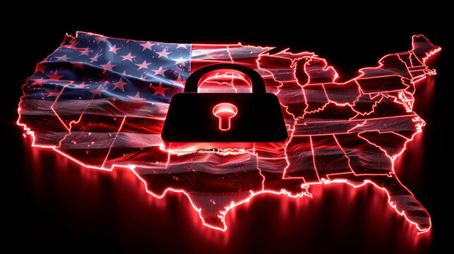 3D lock, cybersecurity and map of usa for password protected data or storage online. Cloud computing, information technology and safety with firewall in america for internet or virtual networking