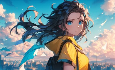 anime girl with black hair and blue eyes, wearing yellow accents on her standing in front of the city skyline at sunset, wind blowing through long dark brown wavy hair