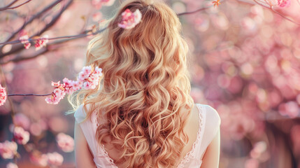 Naklejka premium Blonde Hair Woman - Standing Under Pink Cherry Blossoms