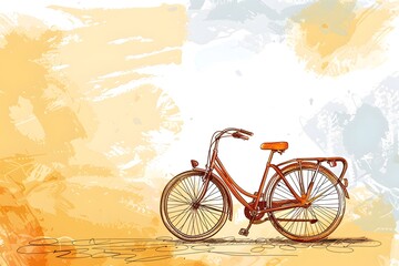 Fototapeta premium Illustration of red vintage bicycle on abstract background with orange and grey strokes with copy space for text. World Bicycle Day. Card, banner, promo, special offer, web page. 