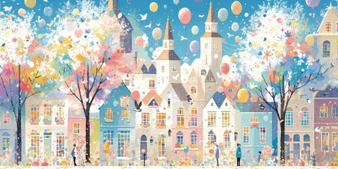 A whimsical cityscape with pastel colored buildings, trees adorned with colorful balloons and birds perched on branches, creating an enchanting atmosphere. 