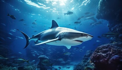 Naklejka premium The great White Shark in the ocean, portrait of White shark hunting prey in the underwater