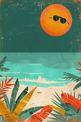 A retro travel poster of the beach with sunglasses and palm trees, in the illustration style of flat design, with an orange moon in the sky, teal ocean water, white sand on the shore, colorful foliage