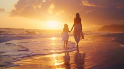A mother and daughter stroll along the beach at sunset.