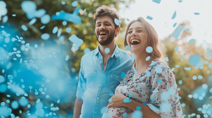 Gender reveal announcement outdoor. Loving family expecting baby boy. Happy moments of parenthood. baby shower party