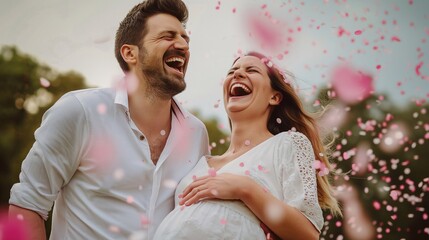baby shower party. Happy Swept Away in Surprise: A Couple Unveils Their Baby's Gender in a Burst of Colored pink confetti. Man and pregnant woman are laughing and screaming. It's a girl