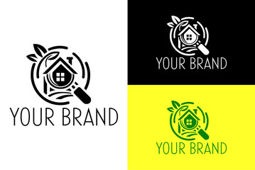 eco friendly, find home house, search, magnify glass, realestate agency firm, property agent logo vector