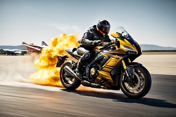 Modern Racing Motorcycle Speeding Down an Airport Runway