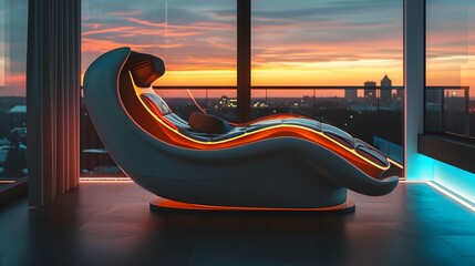 Imagine a futuristic lounge chair with built-in speakers and Bluetooth connectivity, offering immersive audio experiences while lounging at home.