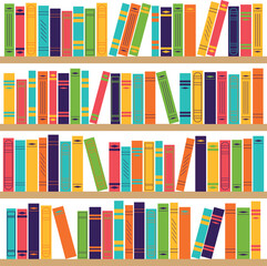 Book shelves with multicolored book spines on a transparent background. Vector illustration in flat style.	