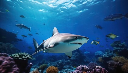 Obraz premium The great White Shark in the ocean, portrait of White shark hunting prey in the underwater