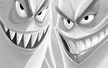 Obraz premium Two monsters with toothy mouths. A pair of aggressive demons. Cartoon characters. Illustration for cover, card, postcard, interior design, banner, poster, brochure or presentation.