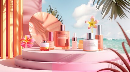 Imagine a sleek 3D stand with vibrant summer hues, perfectly framing luxurious skincare products against a backdrop of tropical paradise