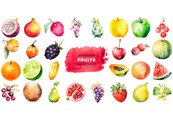 Watercolor painted style - fresh fruits clipart isolated on transparent background. Created using Generative AI.