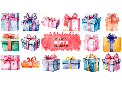 Watercolor painted style - gift boxes clipart isolated on transparent background. Created using Generative AI.