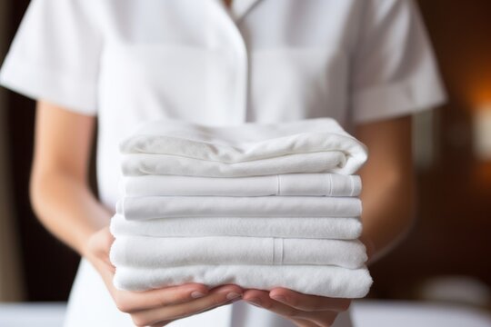 Housekeeping staff arranging fresh towels in hotel room, close up of professional chambermaid
