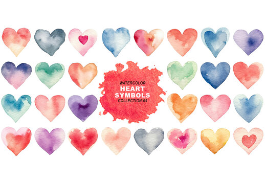 Watercolor painted style - heart symbols clipart isolated on transparent background. Created using Generative AI.