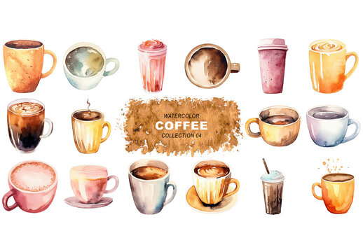 Watercolor painted style - coffee cups clipart isolated on transparent background. Created using Generative AI.
