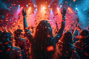 The shot captures a lively atmosphere with energetic crowd enjoying music under a shower of confetti