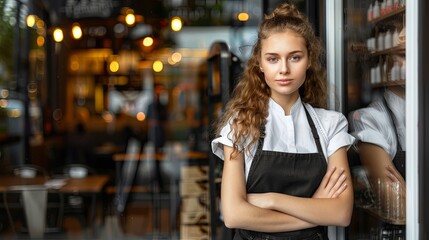 A woman wearing an apron stands in a bar, cafe, pub or restaurant. A waiter in the catering industry. Illustration for advertising, marketing or presentation. - Powered by Adobe