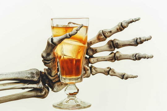 Halloween party background. Spooky skeleton hand holding a cocktail drink