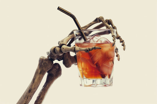 Halloween party background. Spooky skeleton hand holding a cocktail drink