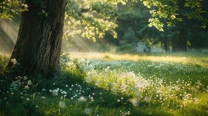 A sunlit meadow adorned with delicate white flowers flourishing beneath the shade of a majestic tree.