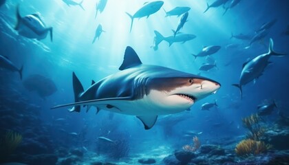 The great White Shark in the ocean, portrait of White shark hunting prey in the underwater