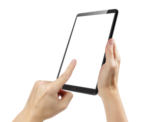 Hands using black tablet, cut out