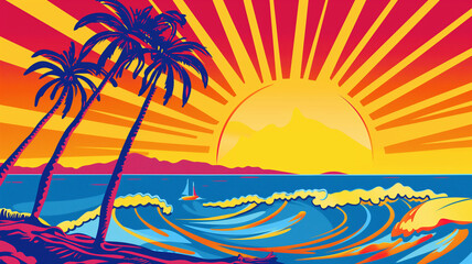 Fototapeta na wymiar Pop art comic Vintage Tropical Beach, Palm, Sun poster. Colorful background in pop art retro comic style.