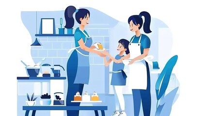 A mother and daughter are baking in the kitchen. The mother is holding a cake pan and the daughter is holding a spatula. They are both smiling and look happy.