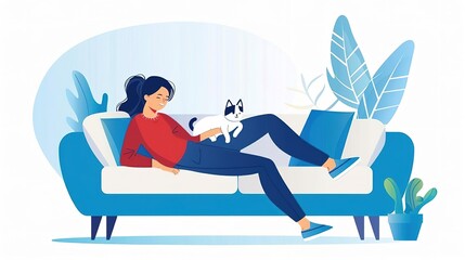A young woman is relaxing on the couch with her cat