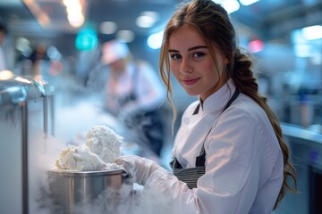 A concentrated female chef carefully sculpts ice cream amidst a cloud of steam in a sleek, stainless steel kitchen