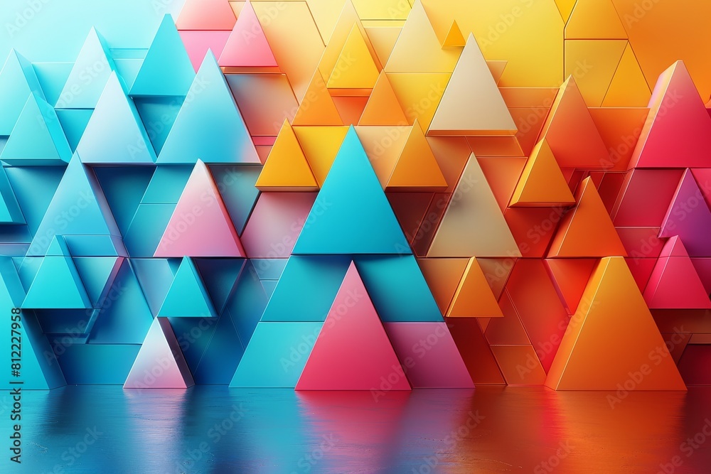 Poster a visually striking pattern of 3d triangle structures in gradient colors reflecting onto a glossy su