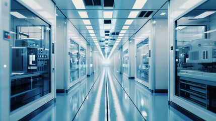 Fototapeta premium advanced semiconductor production fab, intelligent factory production line cleanroom with working overhead wafer transfer system