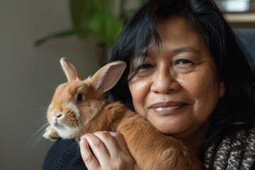A heartwarming image of a woman holding a pet rabbit close to her face
